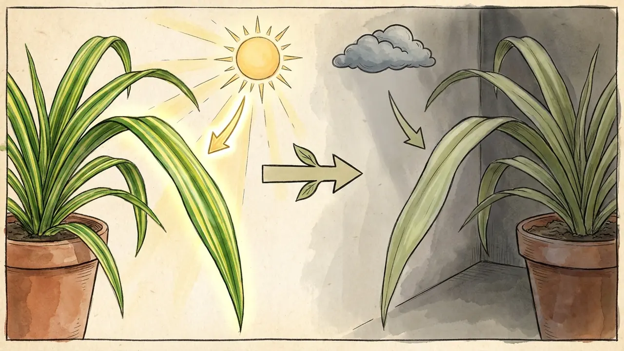 spider plant care light comparison showing a vibrant variegated leaf in bright light versus a faded, reverting green leaf in low light.