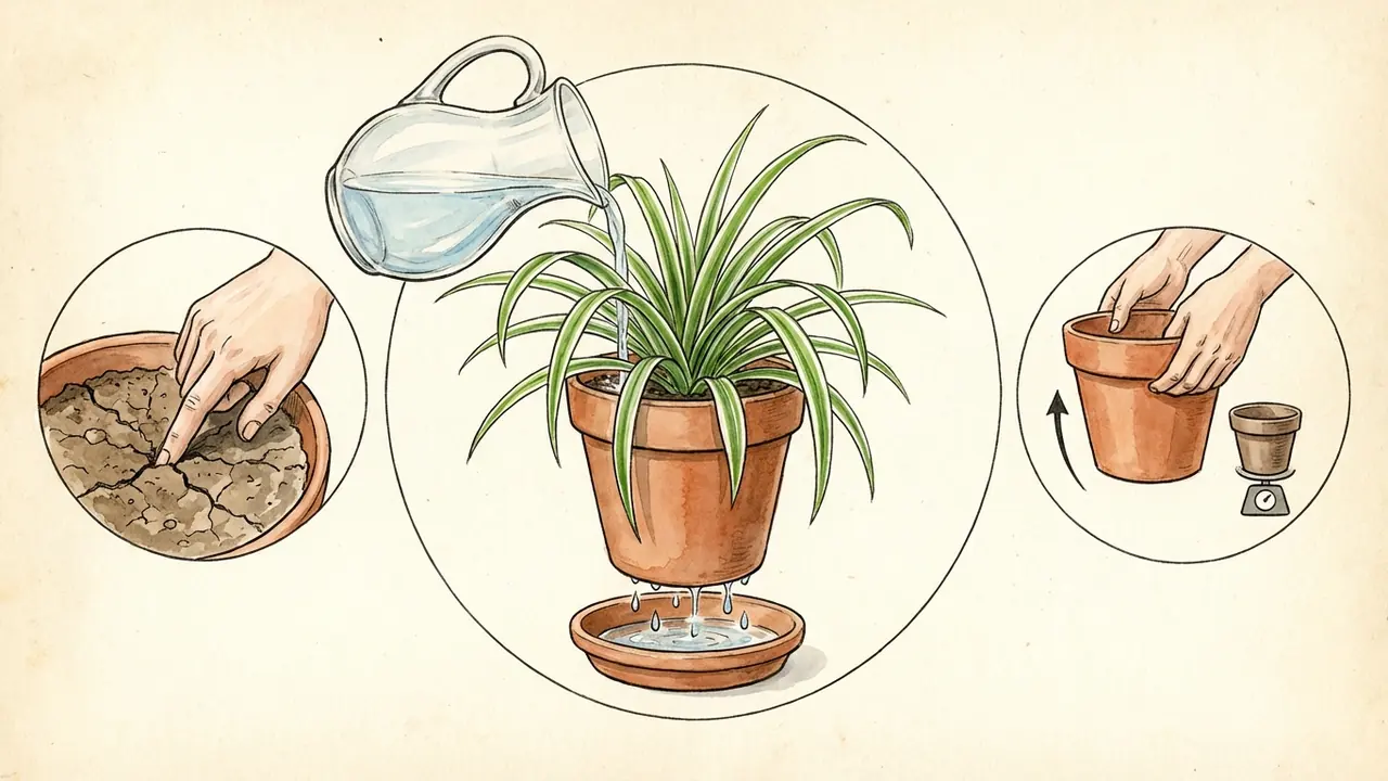 spider plant care watering guide showing finger test, lift test, and thorough watering with filtered water until drainage.