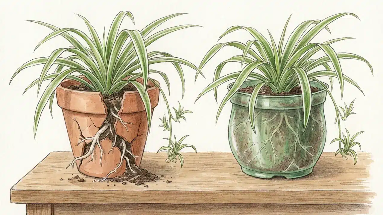spider plant care pot comparison showing a cracked ceramic pot due to root expansion versus a flexible plastic nursery pot accommodating root growth.