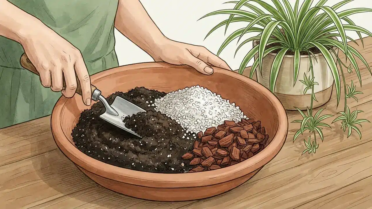 spider plant care soil recipe infographic showing 60% potting soil, 30% perlite, and 10% orchid bark being mixed.