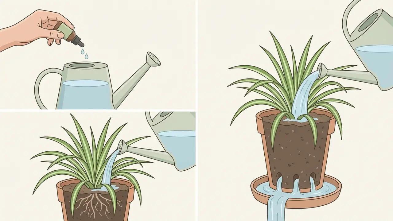 spider plant care fertilizing and flushing guide showing fertilizer dilution and thoroughly flushing soil with water.