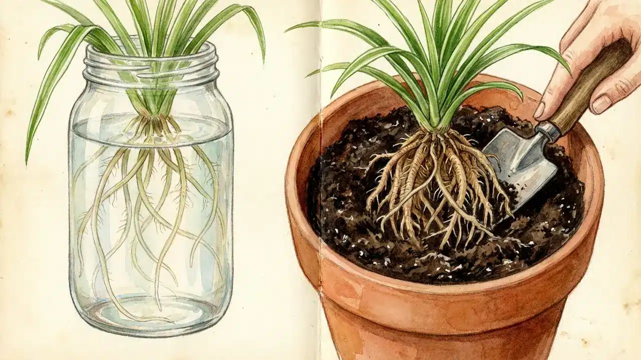 spider plant care rooting comparison showing fragile water roots versus robust soil roots from direct planting.