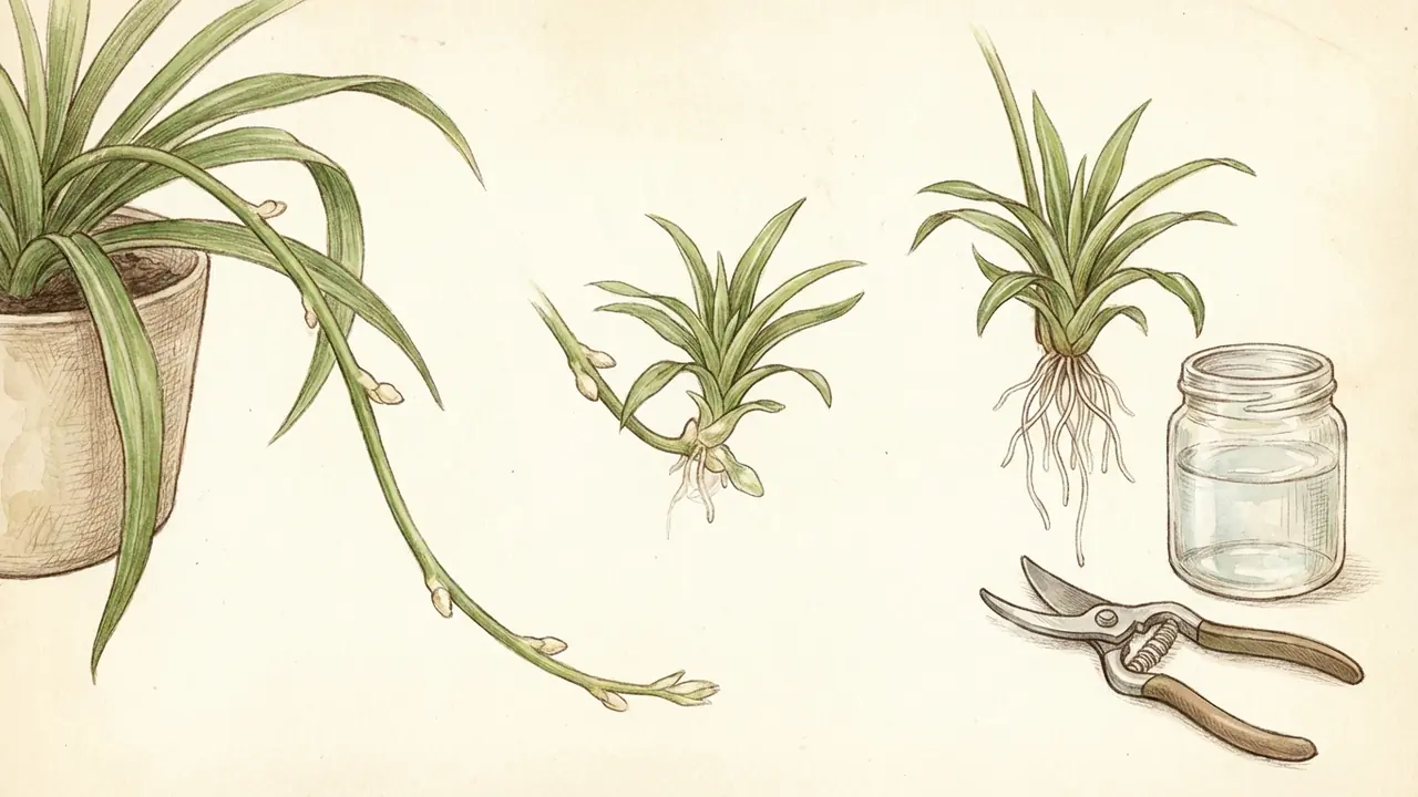 spider plant care propagation process showing spiderette development from tiny nubs to 2-inch roots, ready for cutting.