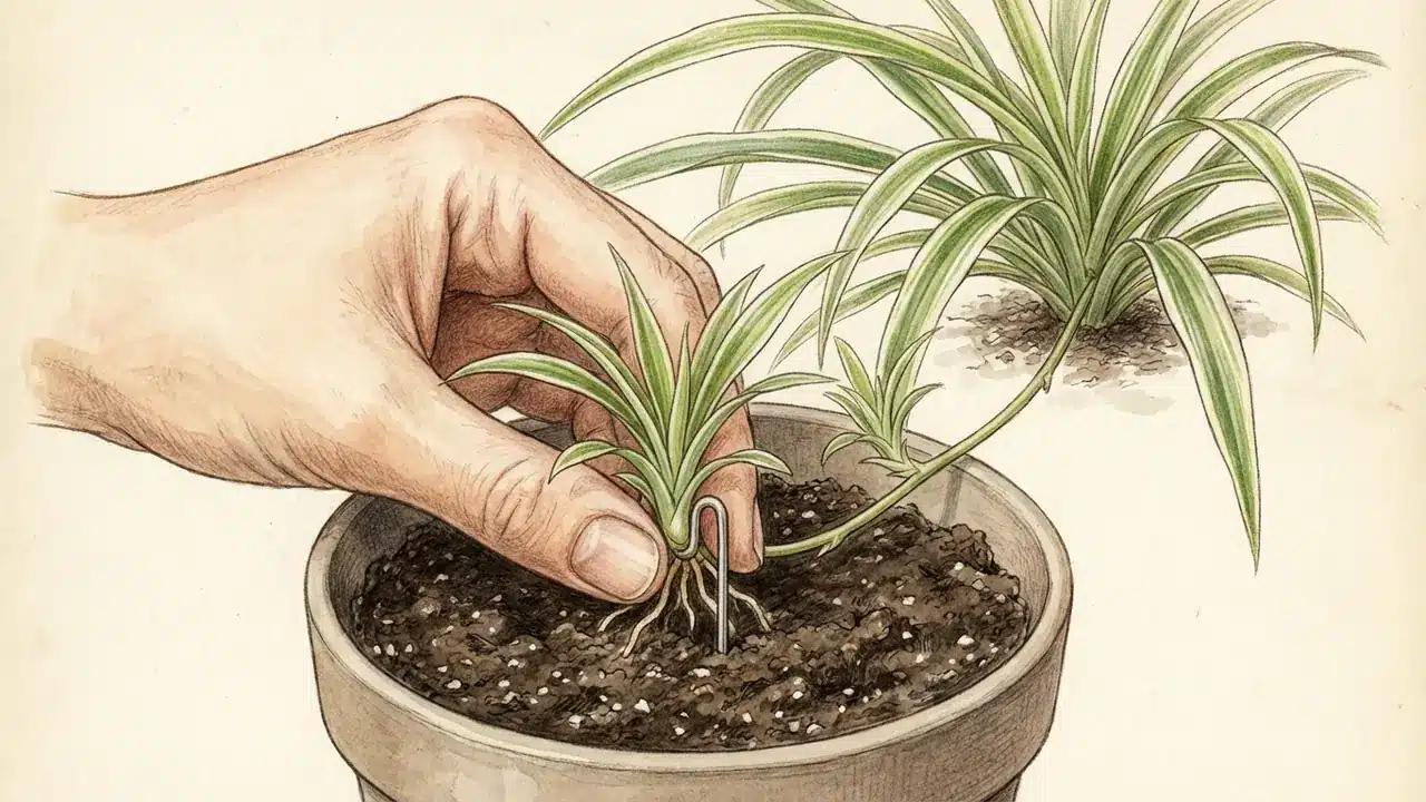 spider plant propagation soil pinning method, a hand pinning a spiderette into soil while still attached to the mother plant.