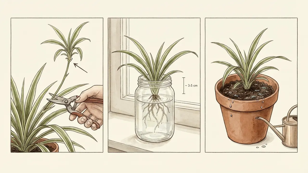 spider plant propagation water propagation steps, showing snipping the baby, rooting in water to 3-5 cm, and potting in saturated soil.