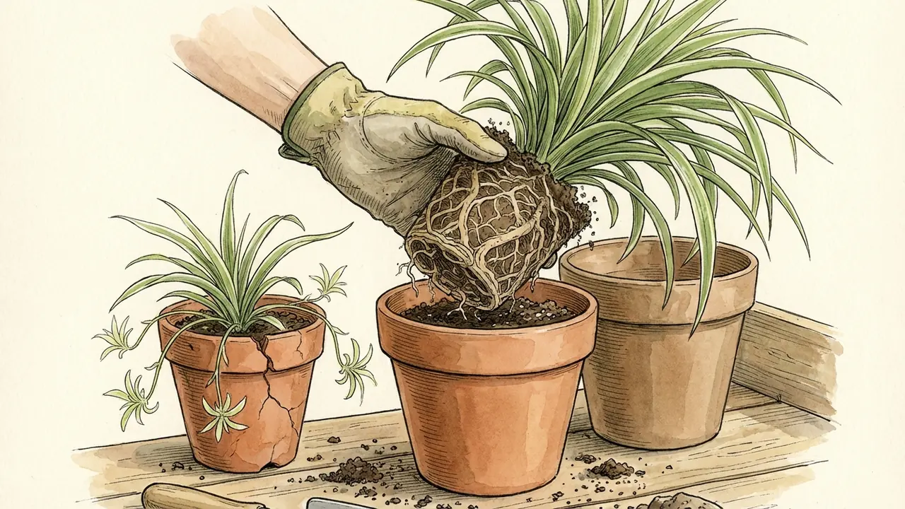 spider plant propagation prevention, showing a human hand repotting a root-bound spider plant into a larger pot to reduce baby production.