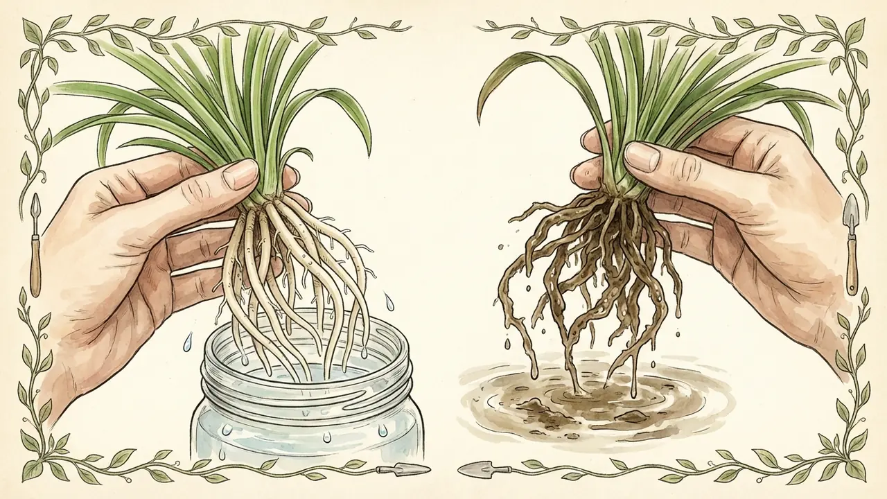 spider plant propagation root rot diagnosis, comparing healthy, firm white roots to mushy, brown rotted roots.