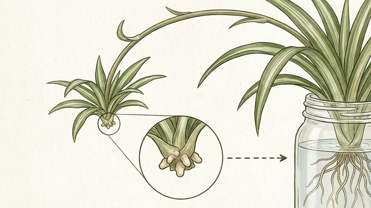 spider plant propagation root nodes on the underside of a spiderette, ready for propagation, with a diagrammatic label.