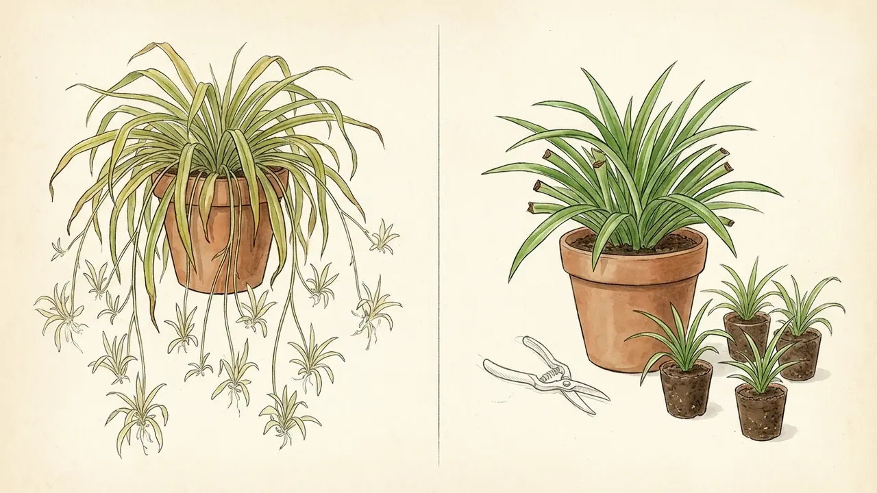 spider plant propagation before and after pruning, showing an exhausted mother plant laden with babies versus a recovered, vibrant mother plant after stolons are removed.
