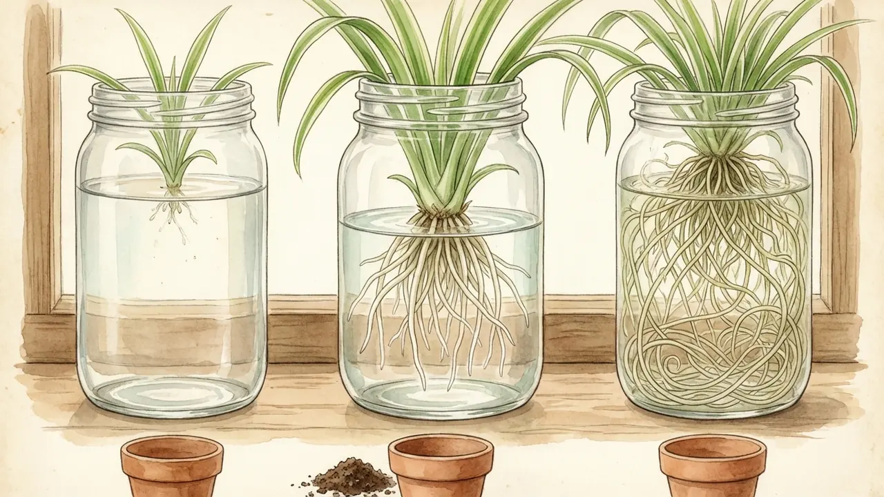 spider plant propagation water roots length comparison, showing ideal root length versus too short and too long for successful potting.