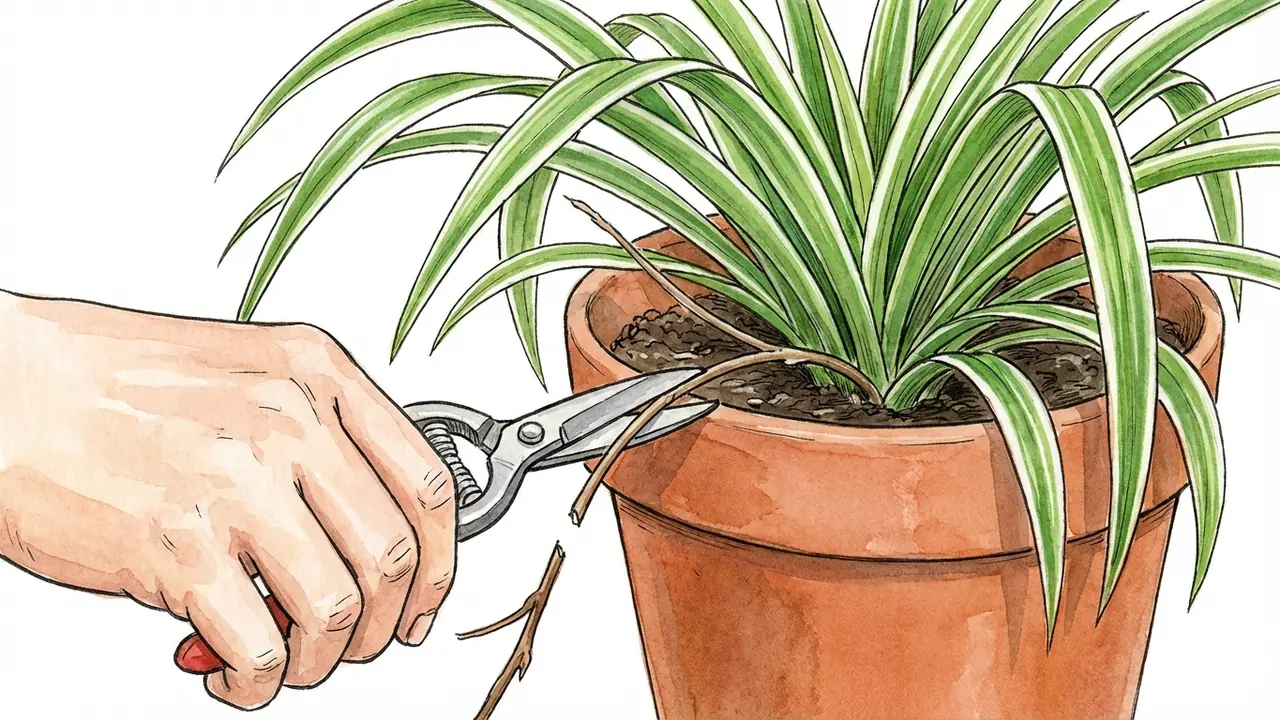 spider plant propagation pruning an empty stolon from the base of the mother plant with pruning shears.