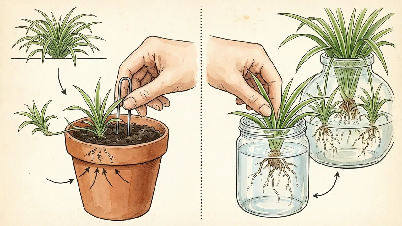 spider plant propagation methods comparison, showing the soil pinning technique and water propagation steps side-by-side.