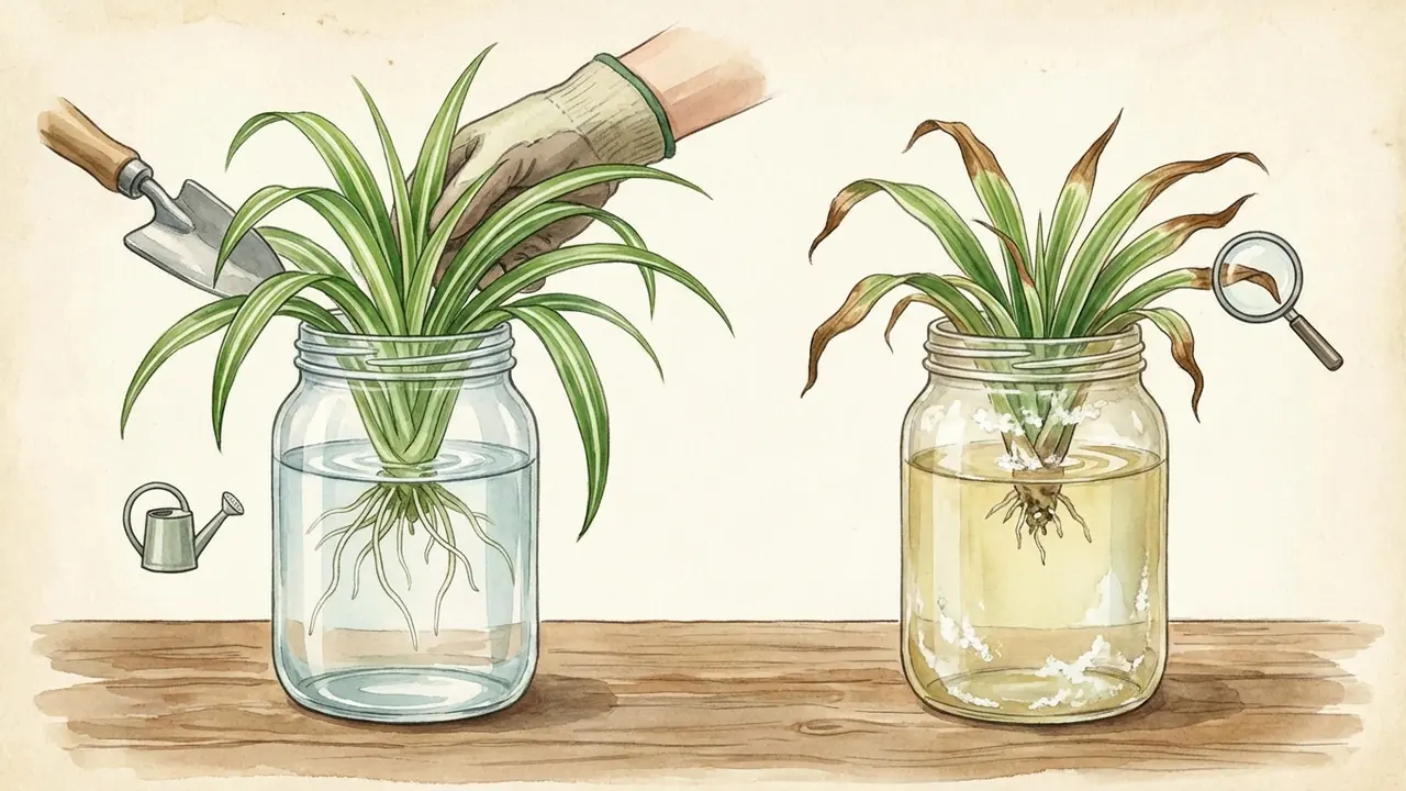 spider plant propagation hard water toxicity, comparing a healthy spiderette with crisp leaves to one with brown tips caused by mineral buildup.