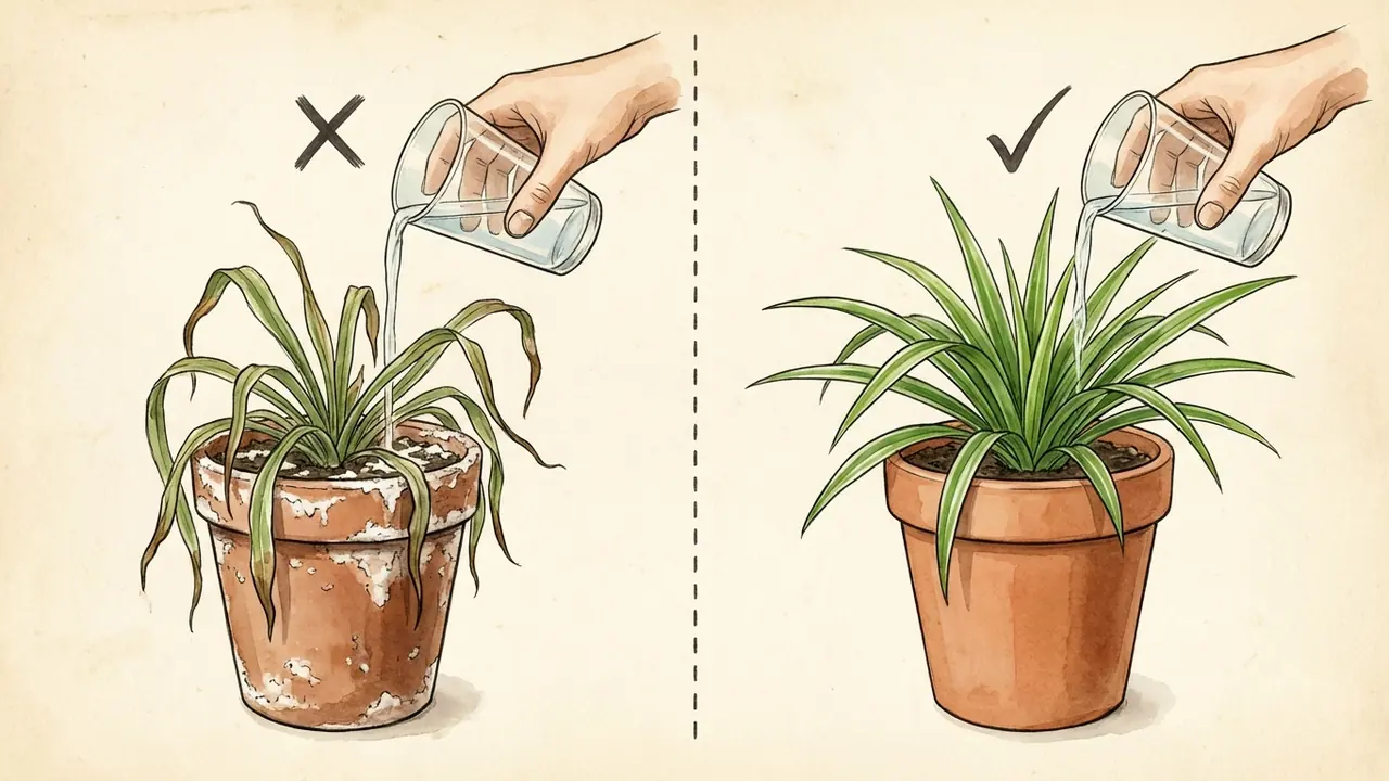 spider plant brown tips: comparison showing a spider plant watered with tap water (brown tips, mineral residue) versus one watered with rainwater (healthy green leaves).