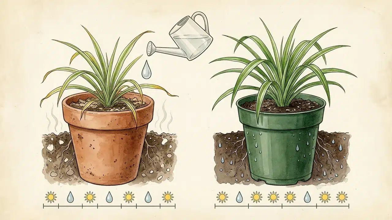 how often to water spider plant comparison of terracotta pot allowing fast drying versus plastic pot retaining moisture.