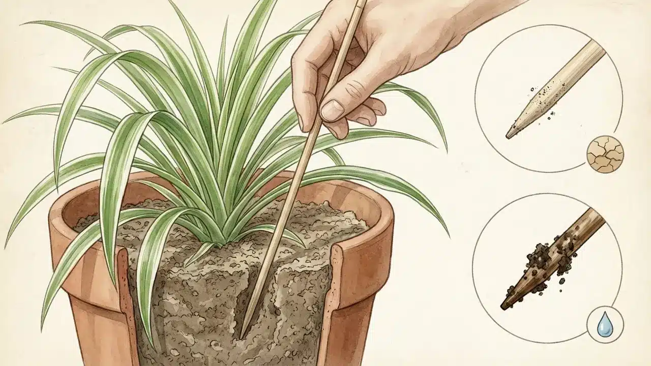 how often to water spider plant action shot of using a wooden skewer to test deep soil moisture, showing dry versus damp skewer indications.