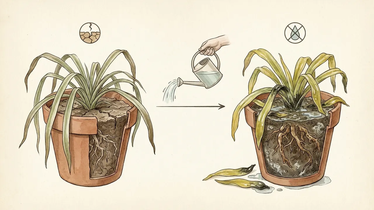 how often to water spider plant visual comparison showing a thirsty, drooping spider plant versus an overwatered plant with yellow, mushy leaves.