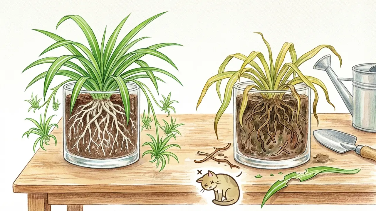 spider plant toxic to cats healthy vs rotting roots comparison