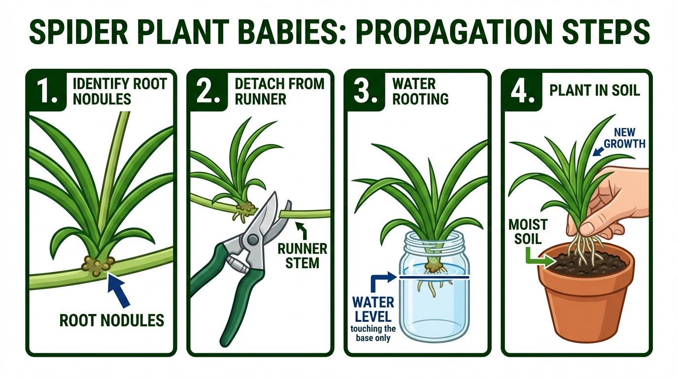 where to cut spider plant babies and how to identify one inch root nodules.