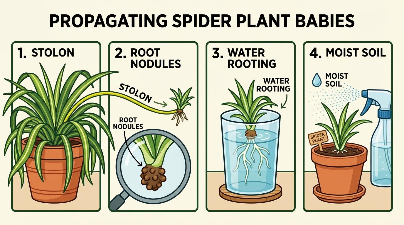 spider plant babies growing on a runner from a mature mother plant.