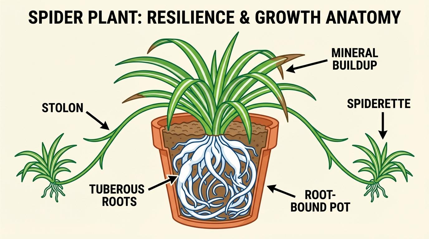 spider plant benefits diagram showing tuberous roots, stolons, and baby spiderettes for propagation.