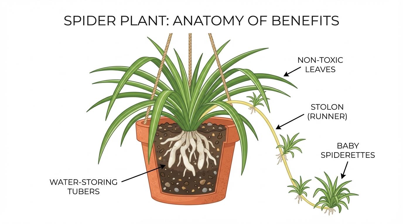 spider plant benefits diagram illustrating the anatomy of its water-storing tubers, leaves, and baby plantlets.