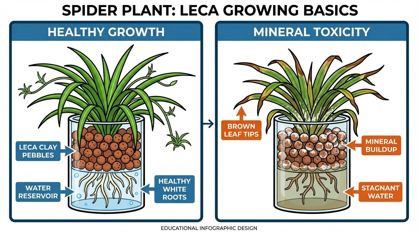 spider plant in water and leca diagram comparing a healthy setup with white roots to mineral buildup with brown tips.