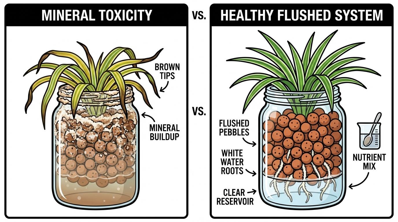 spider plant in water and leca comparison of a mineral-clogged system versus a healthy flushed setup.