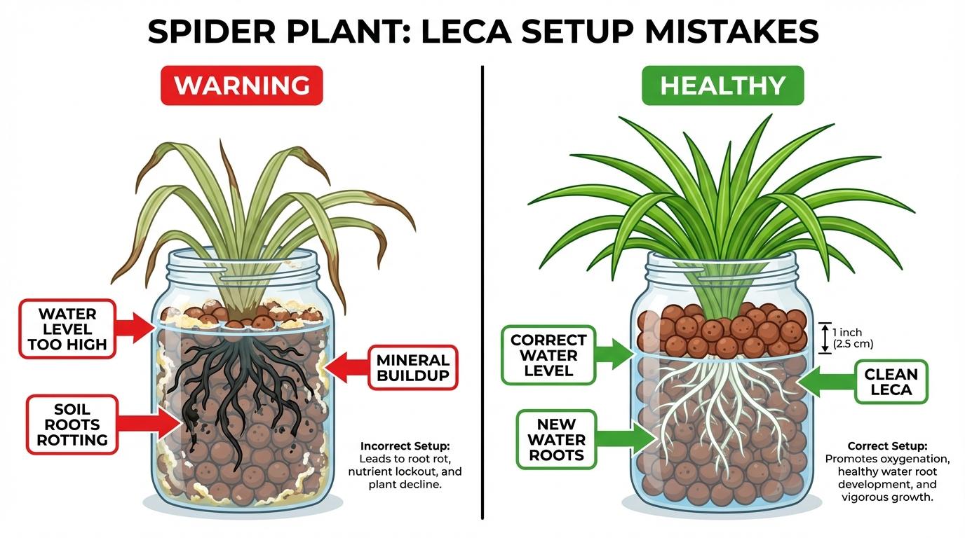 spider plant in water and leca showing comparison between incorrect high water level and correct low reservoir level.