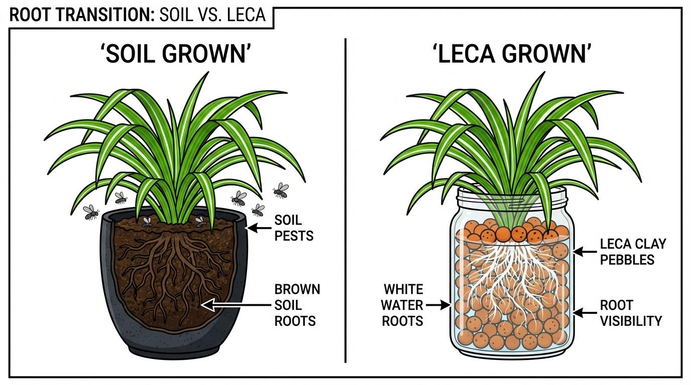 spider plant in water and leca comparison showing terrestrial soil roots vs white aquatic roots in clay pebbles.