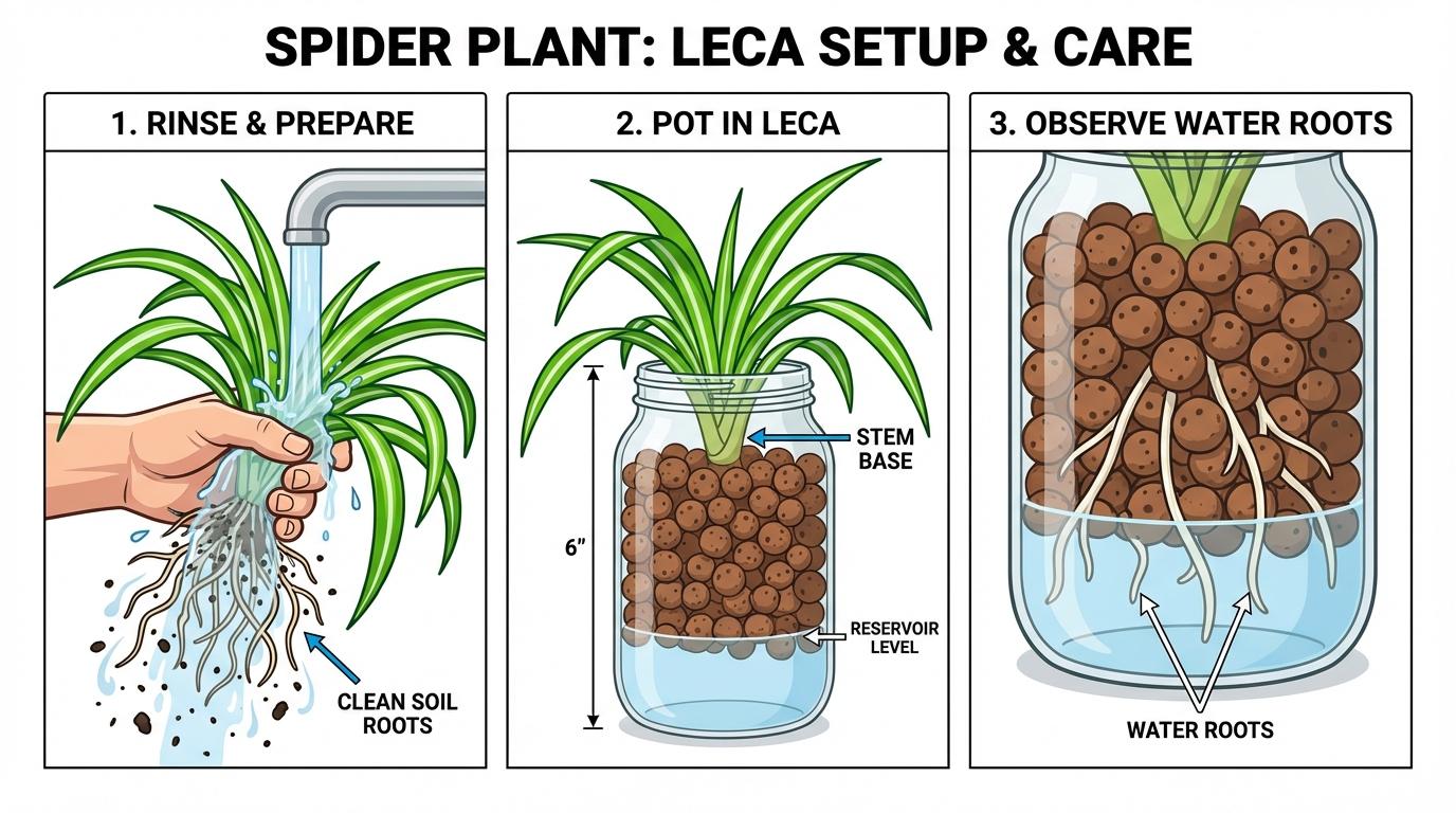 spider plant in water and leca diagram showing root cleaning, reservoir levels, and healthy water root growth.