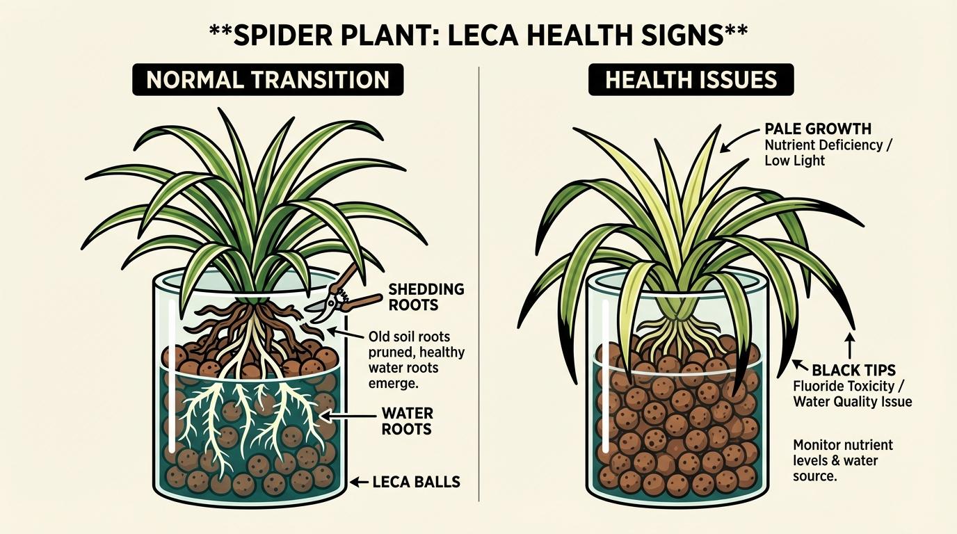 spider plant in water and leca diagram comparing healthy root transition to pale growth and black leaf tips.