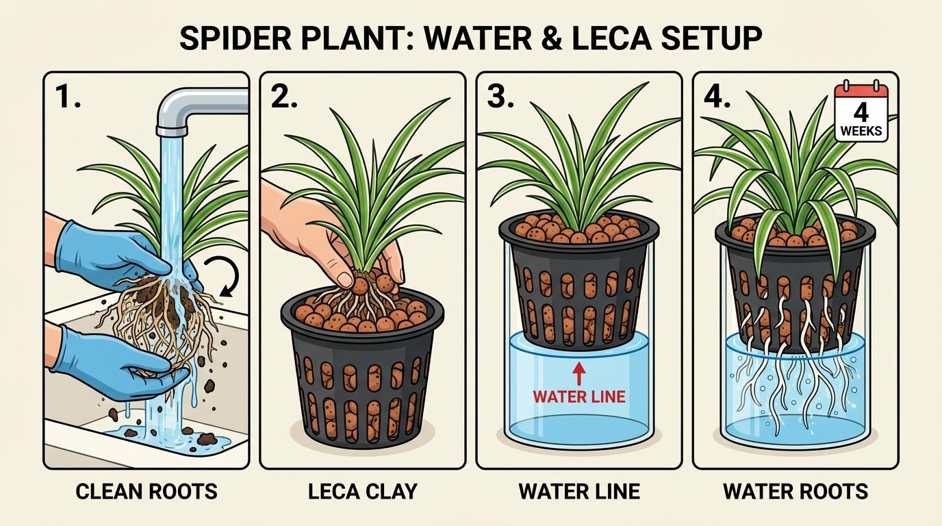 spider plant in water and leca step-by-step diagram showing root cleaning, LECA potting, and water reservoir levels.