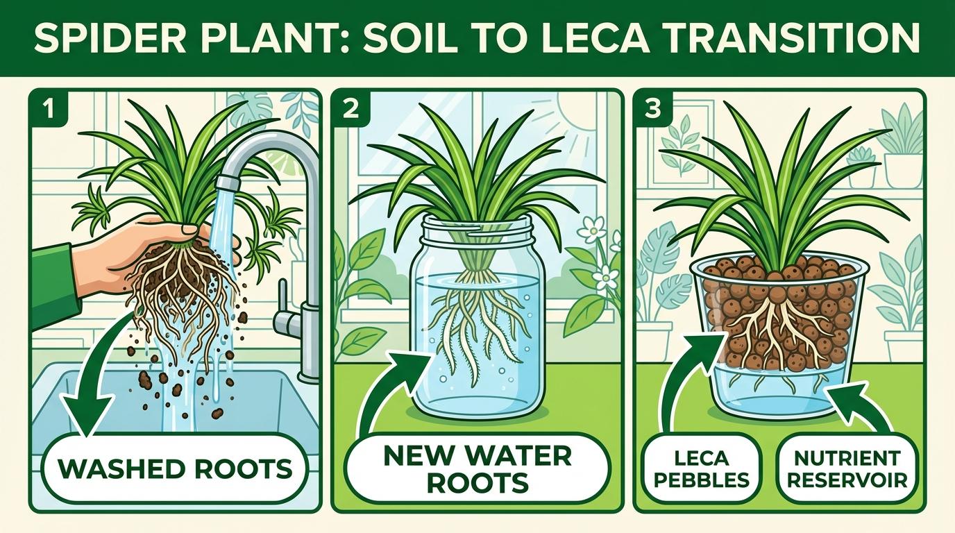 spider plant in water and leca step-by-step diagram showing soil removal, water root growth, and LECA setup.