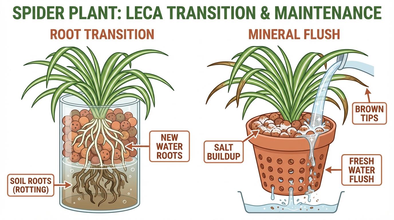 spider plant in water and leca diagram showing root transition from soil and mineral flushing for brown tips.