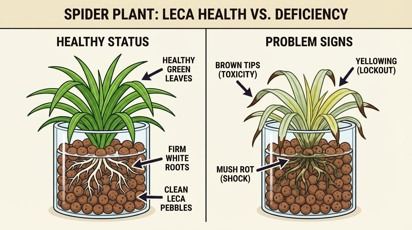 spider plant in water and leca comparison showing healthy white roots versus brown tips and yellow leaves.