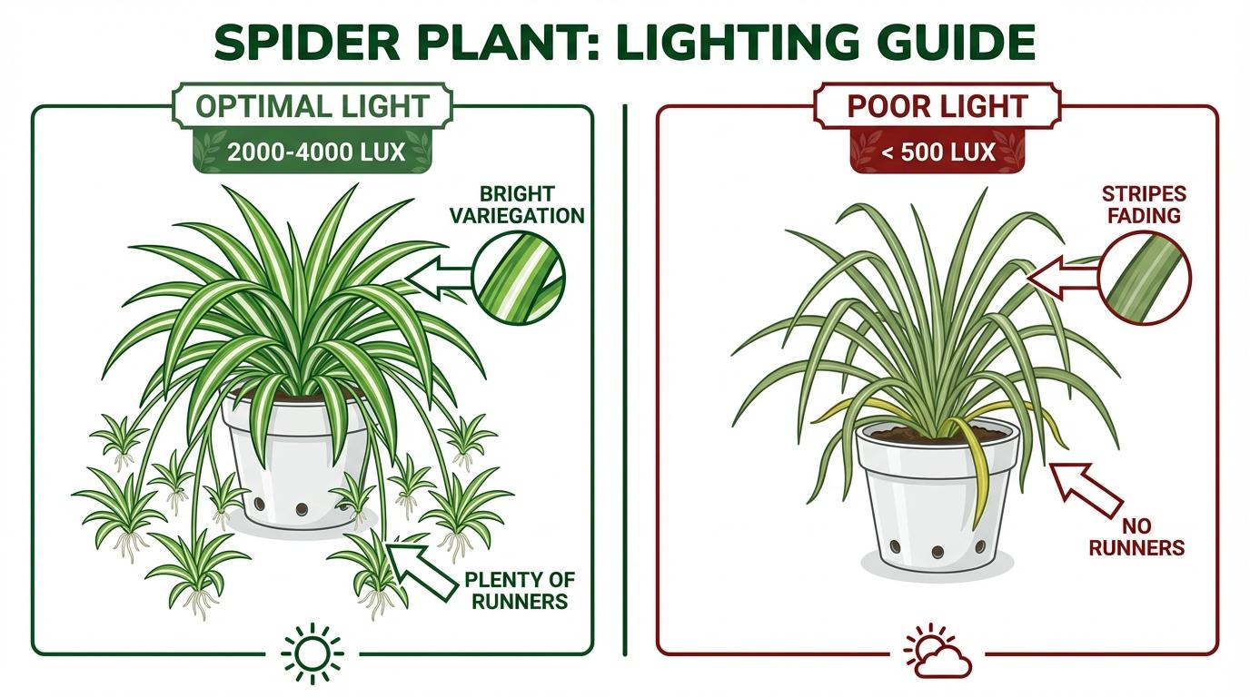 spider plant light requirements comparing vibrant variegated growth in bright light vs faded green growth in low light.