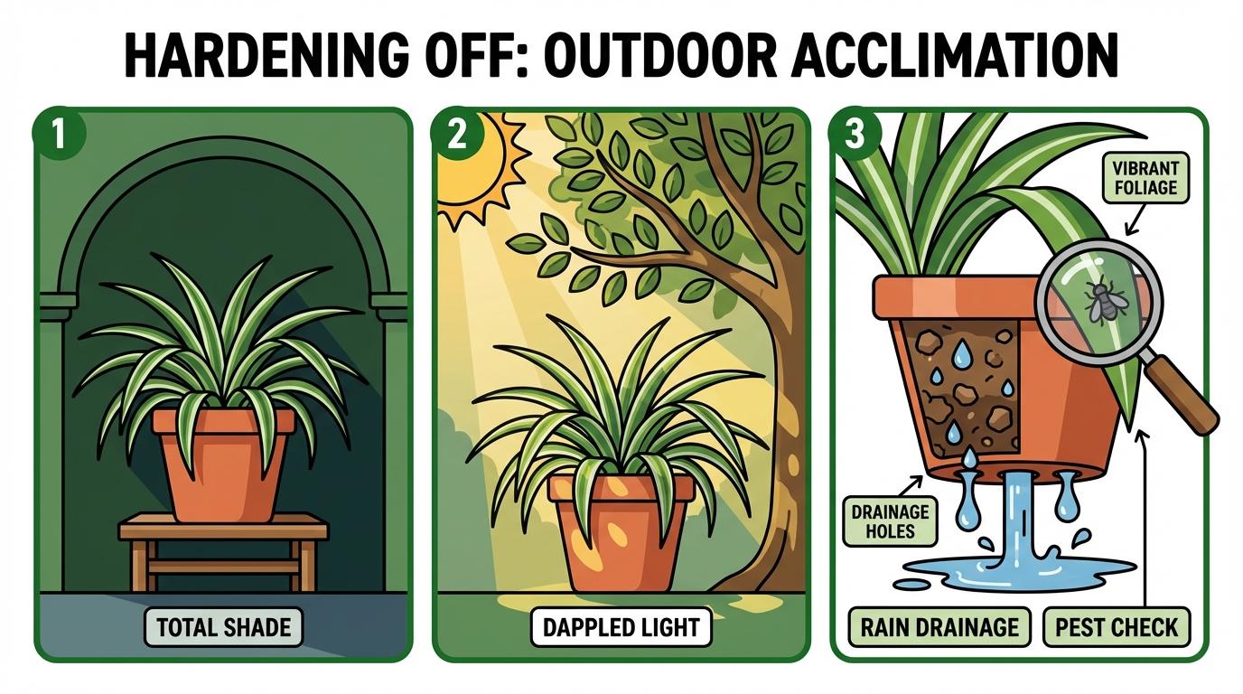 spider plant outdoor care diagram showing the step-by-step hardening off process for balcony plants.