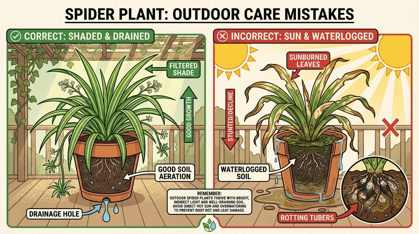 spider plant outdoor care comparison of healthy shaded plant versus sunburned and waterlogged outdoor plant.