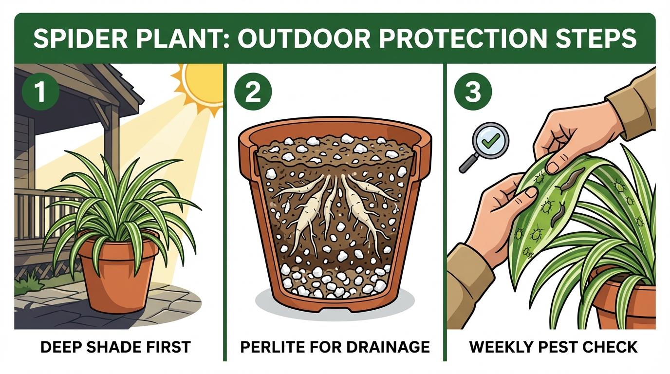 spider plant outdoor care prevention steps showing three panels for shading, drainage, and leaf inspection.