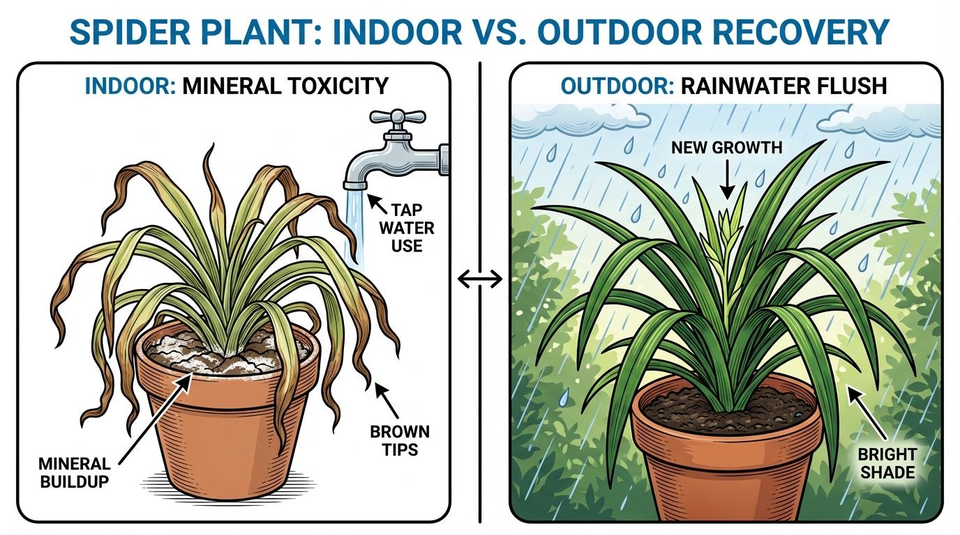spider plant outdoor care diagram comparing indoor mineral toxicity with outdoor rainwater recovery.