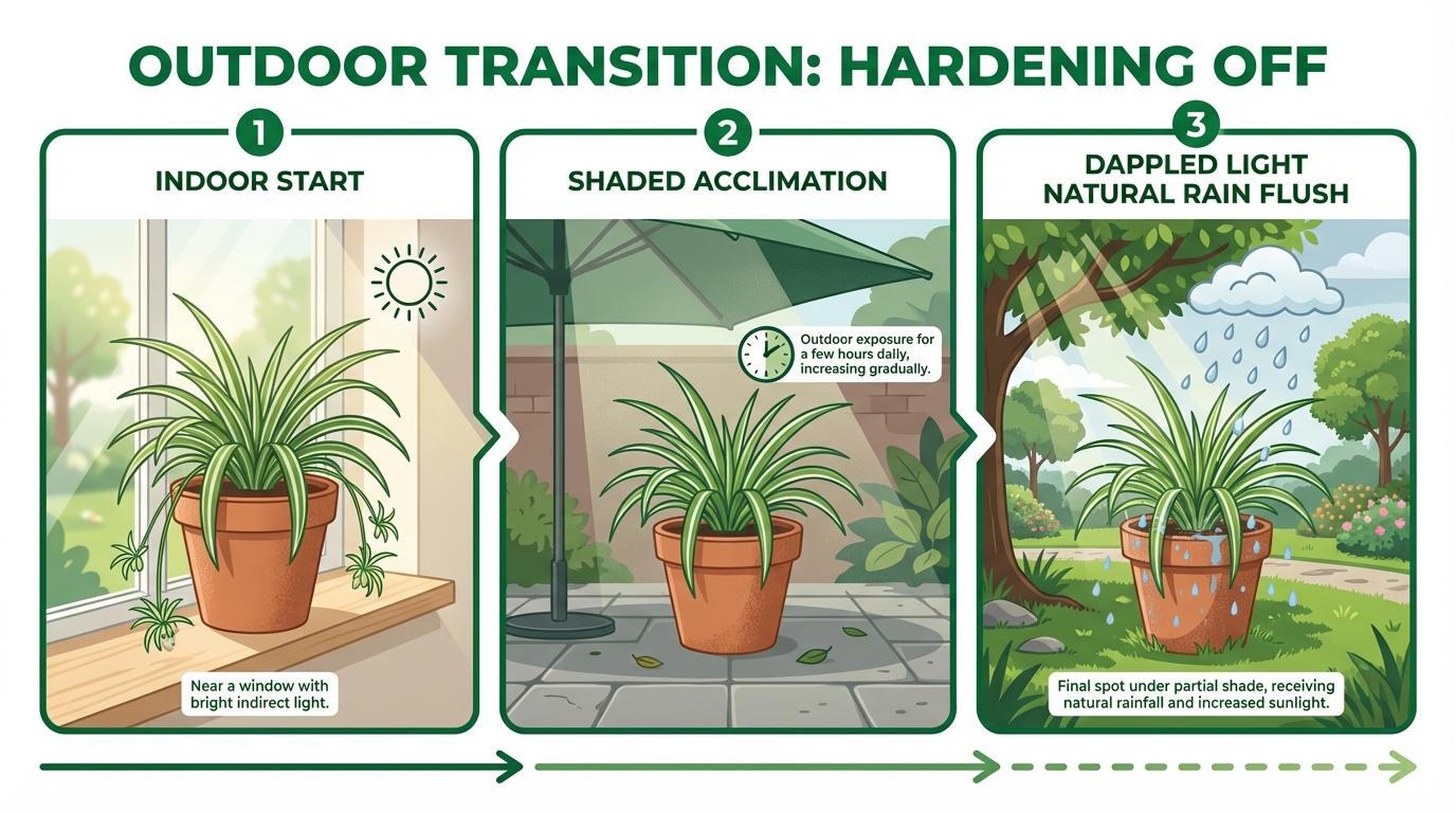 spider plant outdoor care diagram showing the 3-step hardening off process from indoors to dappled sunlight.