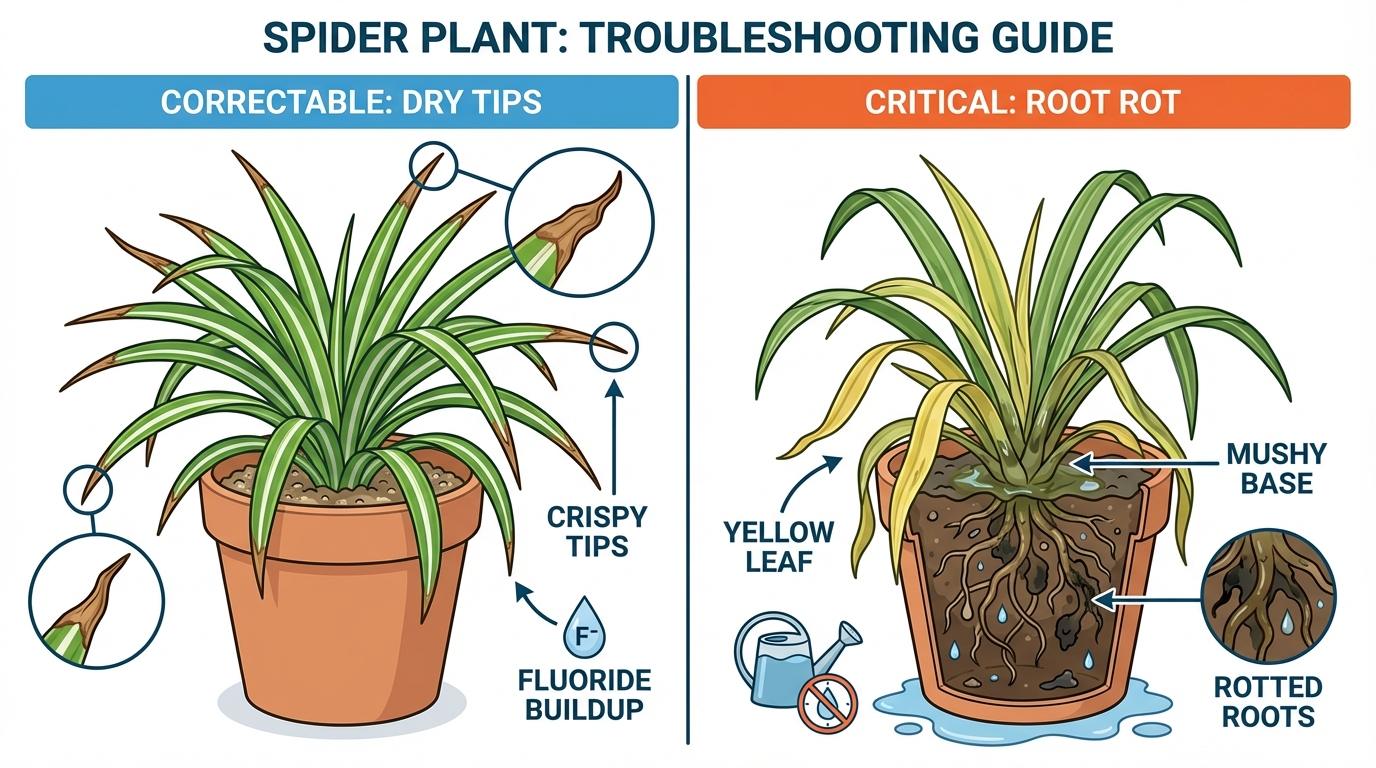 spider plant troubleshooting diagram comparing dry brown leaf tips with yellowing leaves and root rot