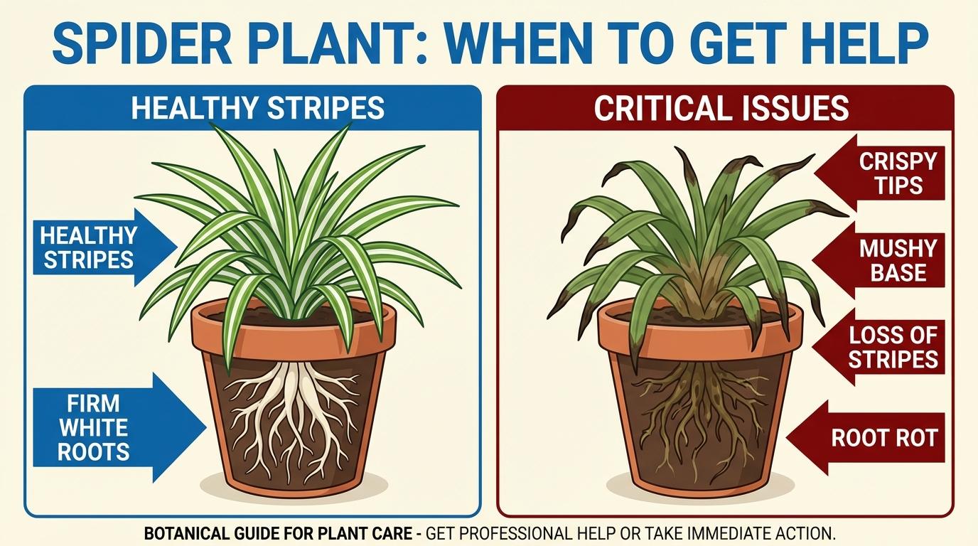spider plant troubleshooting diagram comparing healthy foliage and roots against root rot, chemical burns, and loss of stripes.