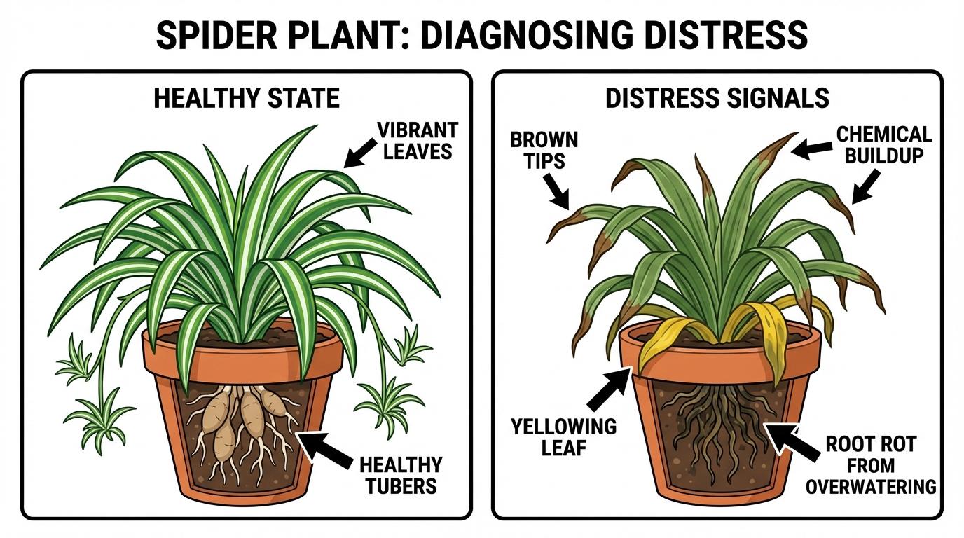 spider plant troubleshooting diagram comparing a healthy plant with white roots to one with brown tips and root rot.
