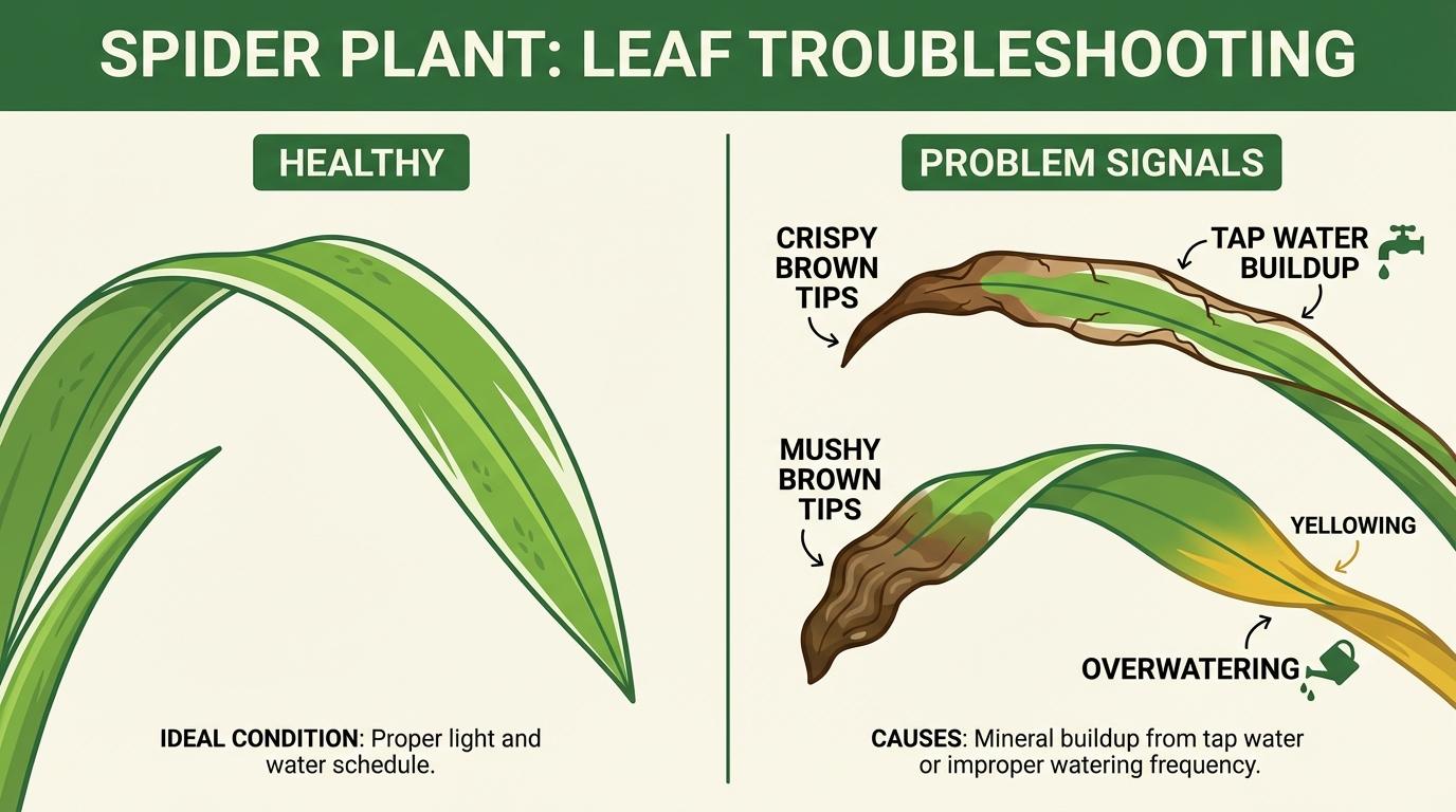 spider plant troubleshooting diagram comparing healthy leaves with crispy fluoride burn and mushy overwatered leaves.