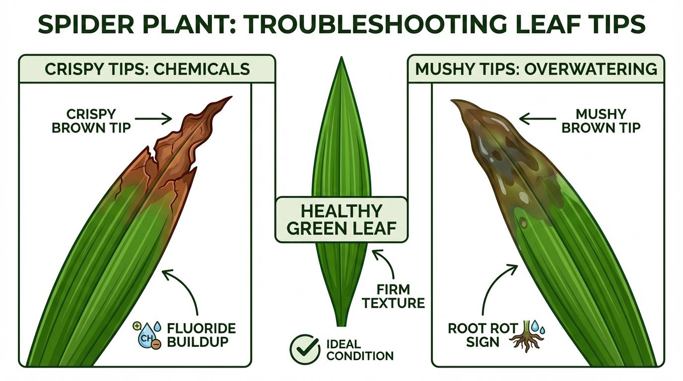 spider plant troubleshooting diagram comparing dry crispy brown leaf tips from fluoride vs soft mushy tips from overwatering