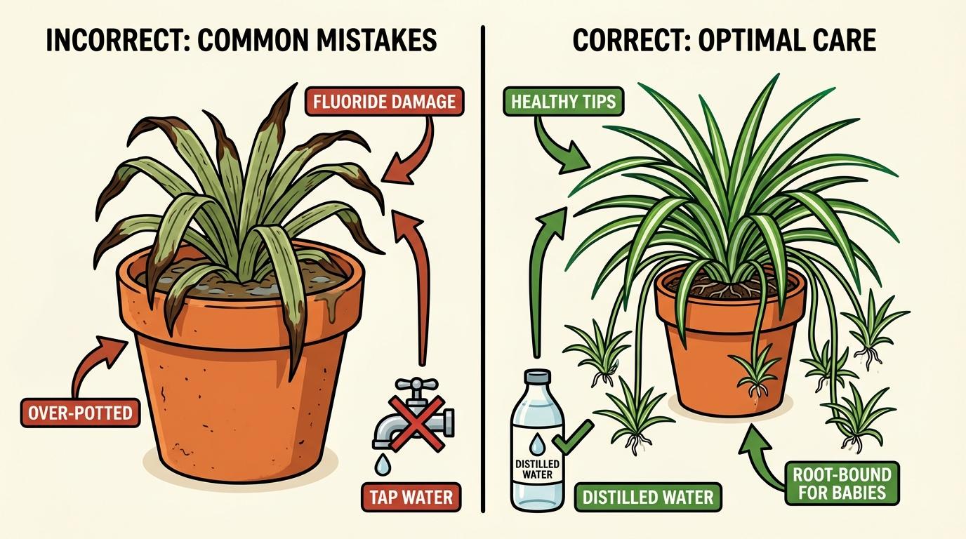 spider plant troubleshooting diagram comparing fluoride damage and overpotting versus healthy growth and plantlets.