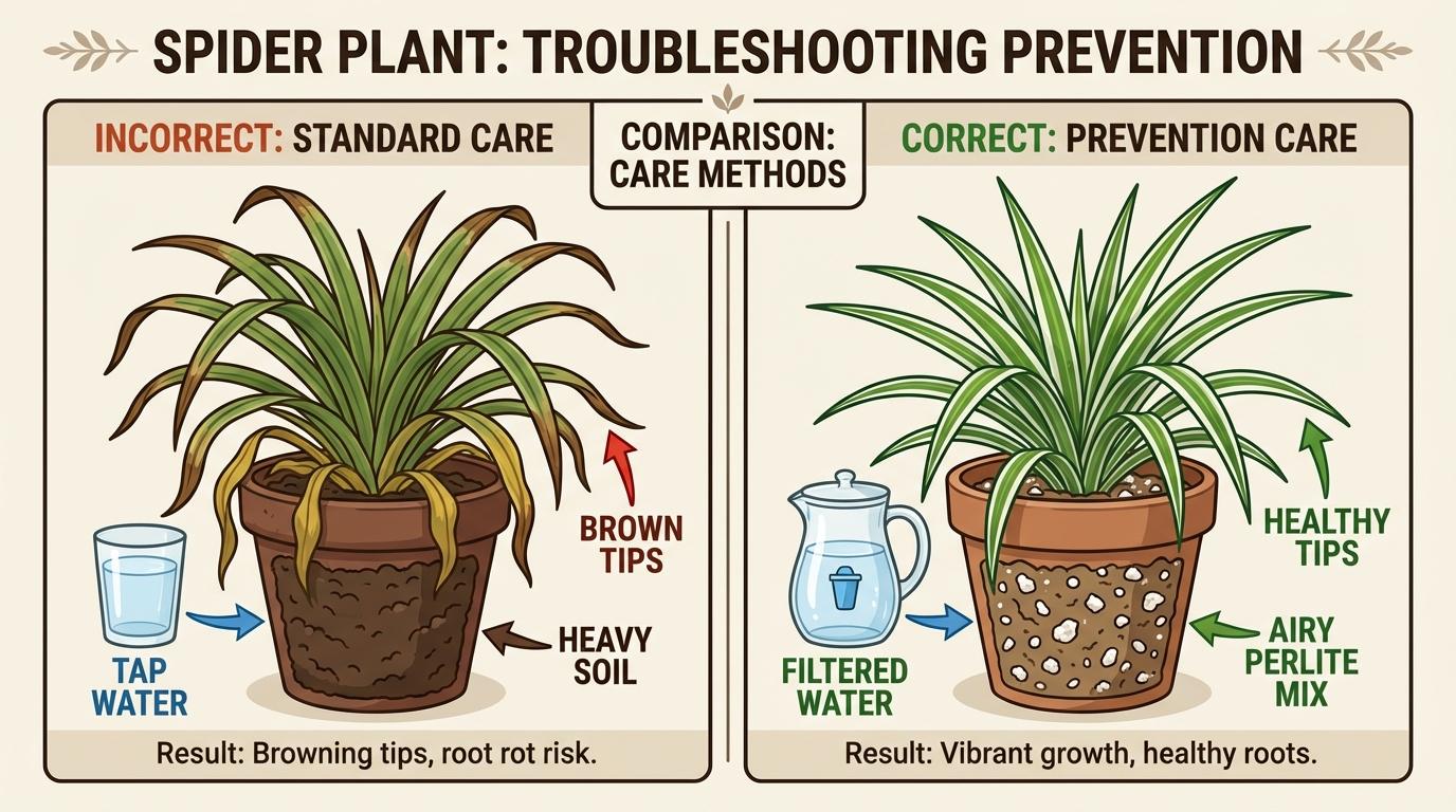 spider plant troubleshooting comparison showing the effects of tap water and heavy soil versus filtered water and airy mix.