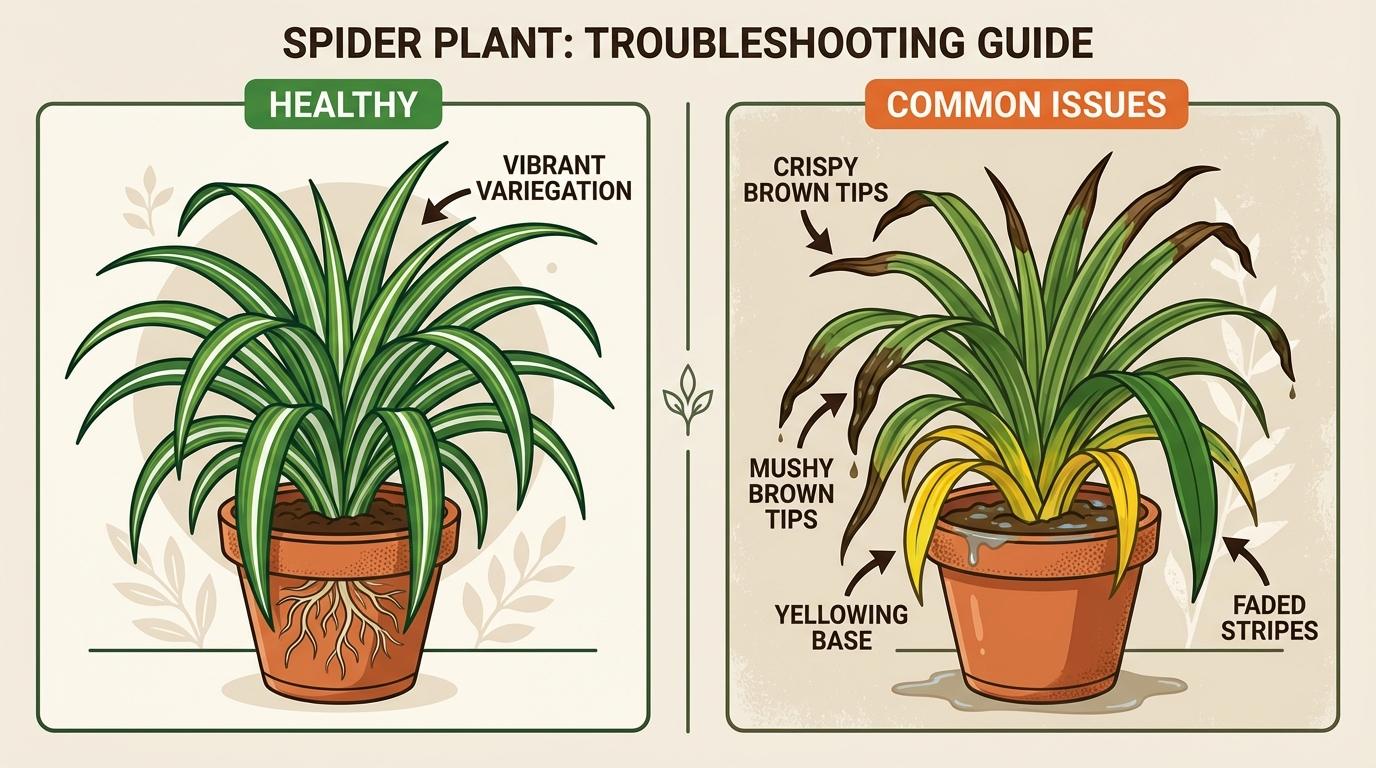 spider plant troubleshooting diagram comparing healthy variegated leaves with brown tips, yellowing, and faded stripes.